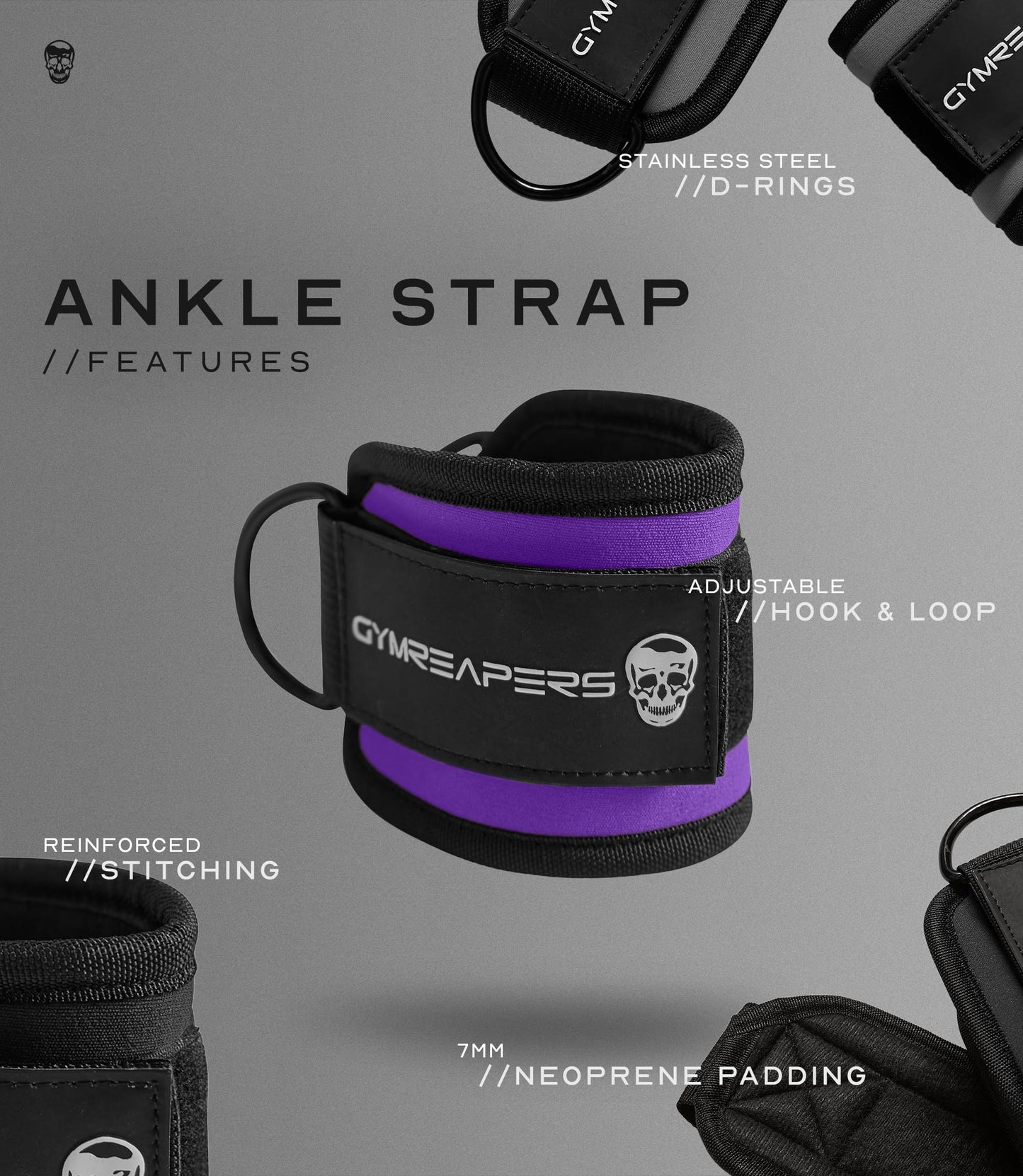 Gymreapers Ankle Straps (Pair) For Cable Machine Kickbacks, Glute Workouts, Lower Body Exercises - Adjustable Leg Straps with Neoprene Padding (Purple, Pair)