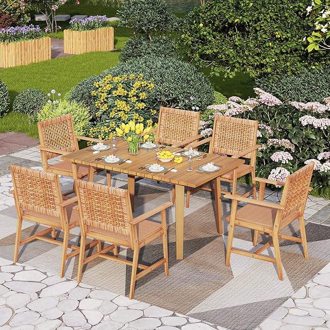 PHI VILLA Outdoor Acacia Wood Dining Chairs Set of 6, Armchairs with Strong Wicker Back & Seat, Farmhouse Style Teak Patio Deck Yard Balcony Garden Furniture