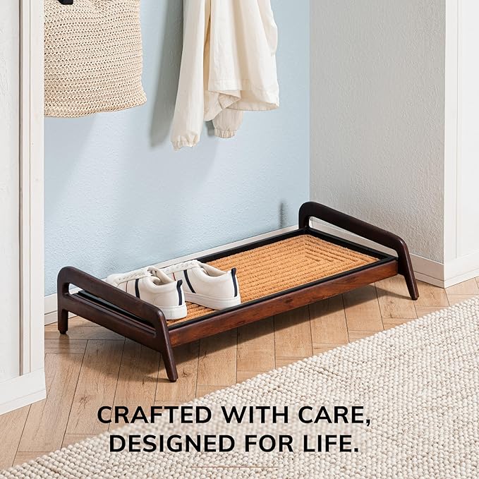 Anji Mountain Heavy Duty Waterproof Wooden Shoe Storage Mat Organizer/Boot Storage Tray Multi Use for Entryway with Coir, Tan Rectangle Embossed Insert, 1 Tier, Fits 3 Pair (36.5" Wide)