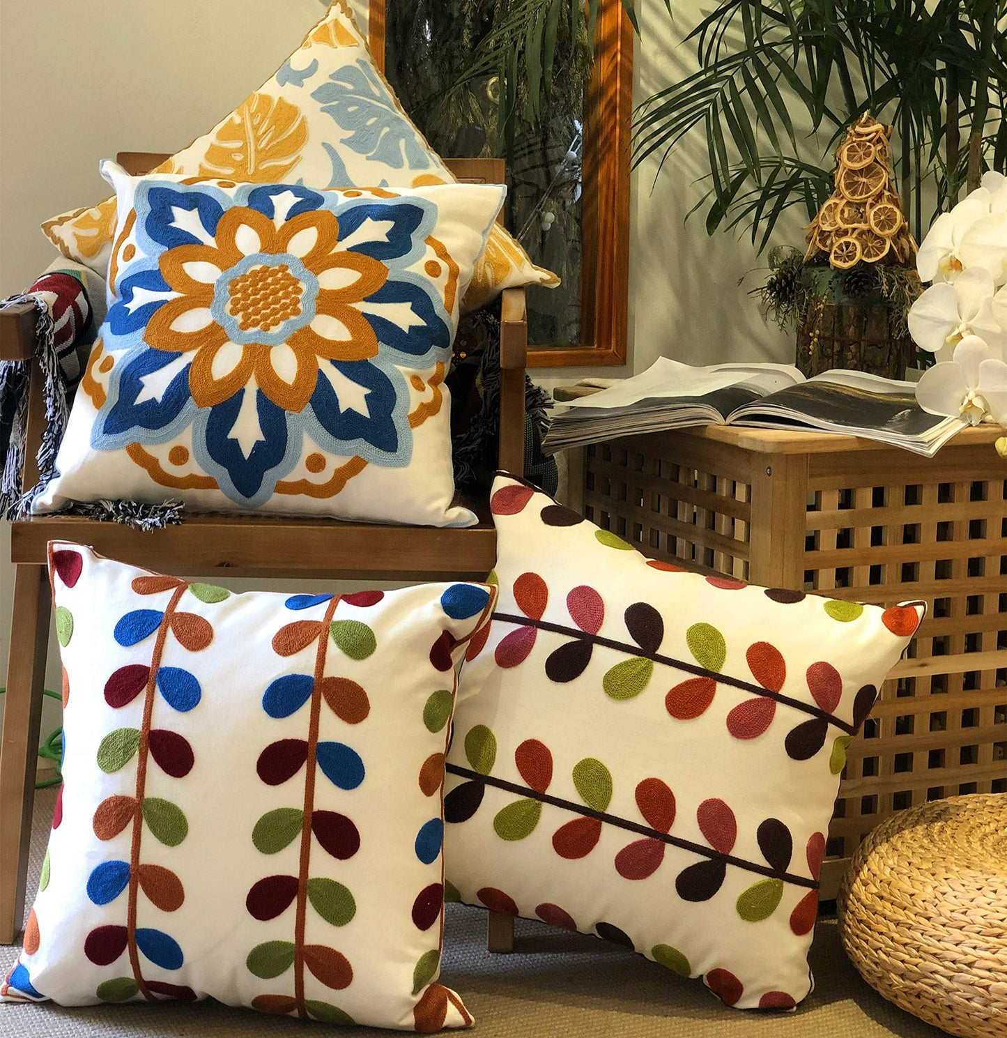 KITTMIN Embroidered Boho Throw Pillow Covers – Set of 2, 18x18 Inch, Cotton Canvas, Vibrant Mandala & Floral Decorative Cushion Cases for Couch, Sofa & Living Room (Sunflower and Leaf)