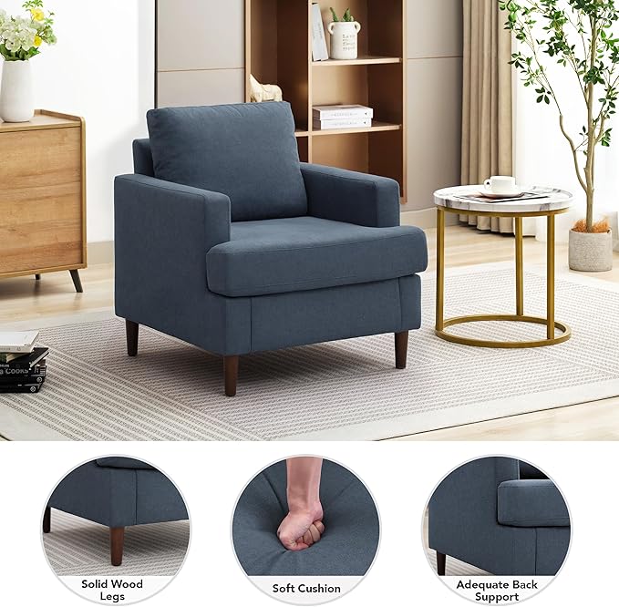 Weture Mid-Century Accent Chair, Comfy Upholstered Reading Accent Chairs for Bedroom, Modern Linen Fabric Armchair for Living Room, Single Sofa Chair with Wood Legs (Blue Grey, 2 Pack)