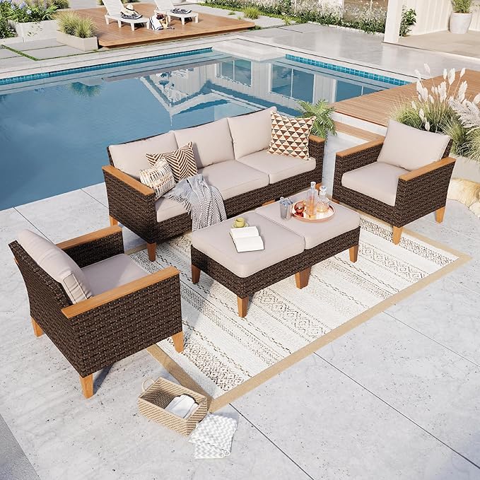 GREEN PARTY 7 Pieces Wicker Patio Furniture Set, All-Weather Outdoor Rattan Patio Sectional Sofa Conversation Set 7 Seats with 4" Thick Cushions for Garden, Backyard, 2 x Ottomans