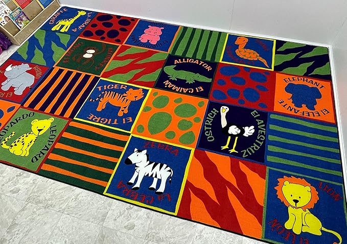 KIDCARPET.COM Bilingual Animals Rug, 6' x 8'6", Educational Classroom Rug, Kids Learning Play Mat | Area Rug for Bedroom or Playroom