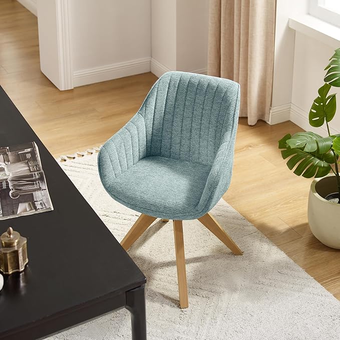 Art Leon Swivel Dining Chair - Mid Century Modern Fabric Upholstered Kitchen Dining Room Chair with Oak Wood Legs, Leisure Side Chair with Arms for Living Room, Light Blue