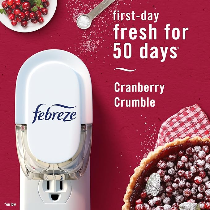 Febreze Plug In Air Freshener, Odor-Fighting Scented Oil Refill, For Home, Bathroom, & Kitchen, Long Lasting for Strong Odors, Limited Edition Holiday Cranberry Crumble Scent, 0.87oz Refills, 4 Count