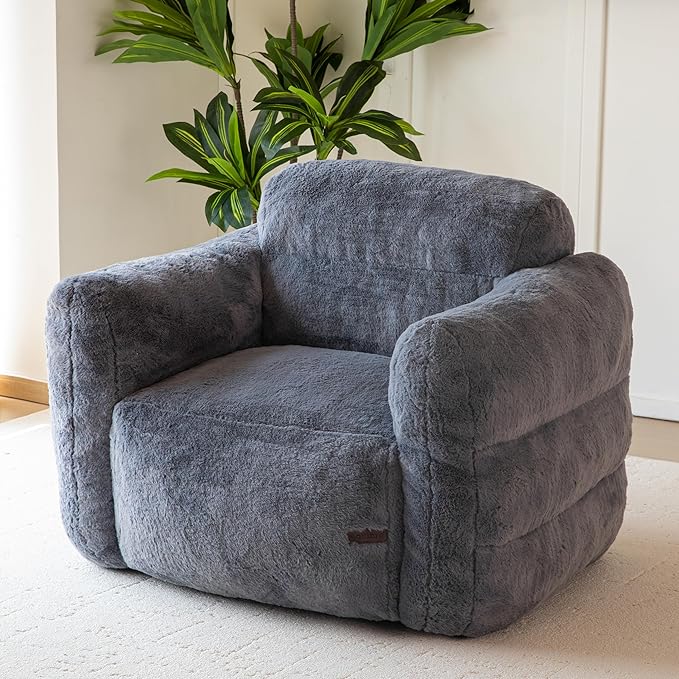 MAXYOYO Giant Bean Bag Chair for Adults, Ultra Soft Fluffy Bean Bag Sofa, Oversized Floor Sofa for Living Room Bedroom, Cozy Reading Chair with Filler, Dark Grey