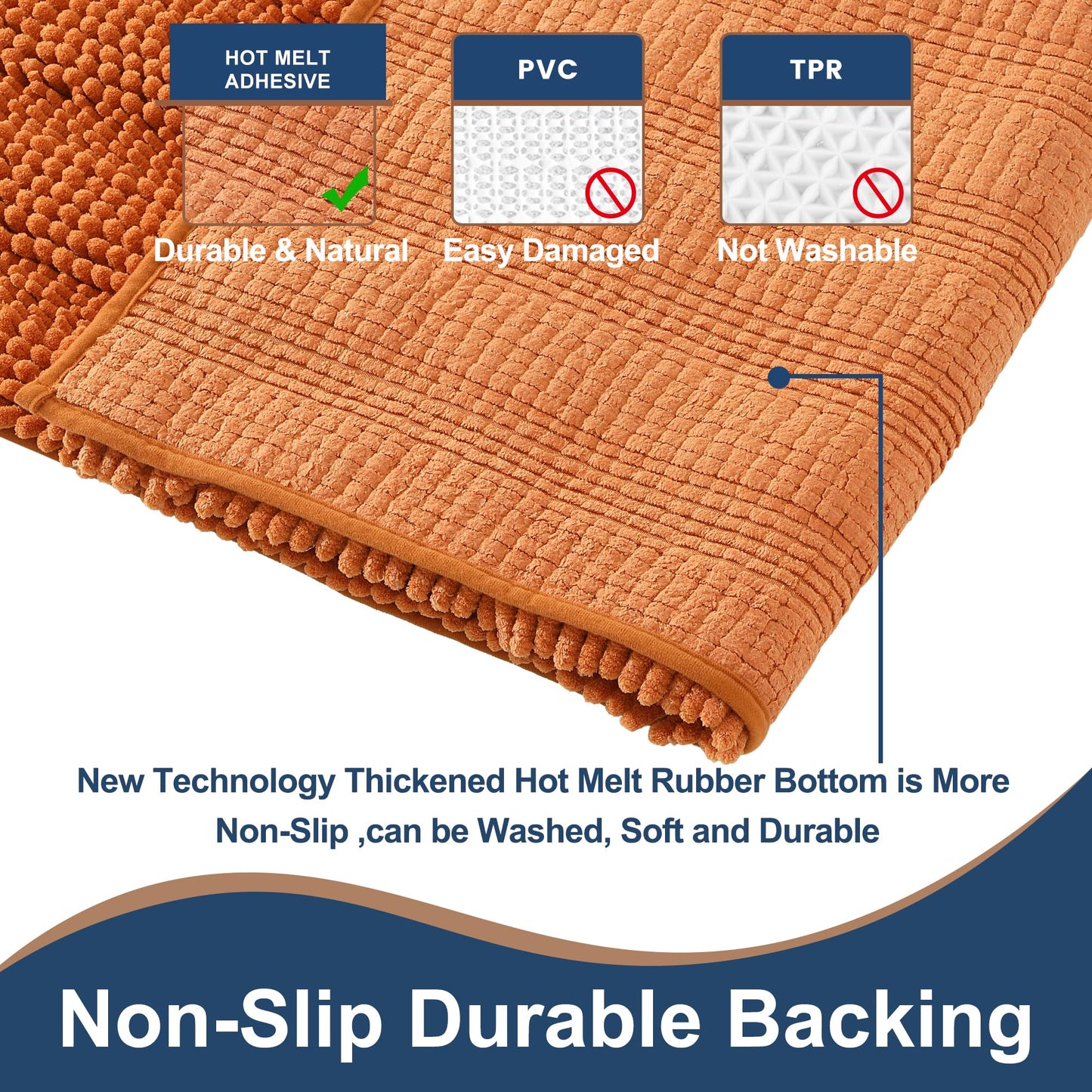 Non Slip Thick Shaggy Chenille Bathroom Rug Sets 2 Piece, Thickened Hot Melt Rubber Bottom Bath Mats for Bathroom, Bath Rugs Quick Dry Machine Washable for Shower (Burnt Orange, 32"x20" Plus 17"x24")