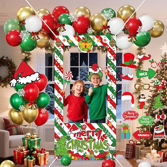 Christmas Party Decoration Set, 35 Balloons, 18 Photo Props, Banner, Photo Booth Frame, Red Green White