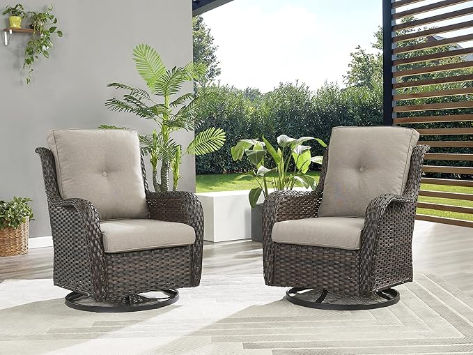 Rilyson Wicker Rocking Chair Swivel Chairs - 3 Piece Rocker Patio Furniture Set Rattan Rocking Bistro Sets with Glass Top Side Table for Outdoor Porch Deck Garden Backyard (Brown/Grey)