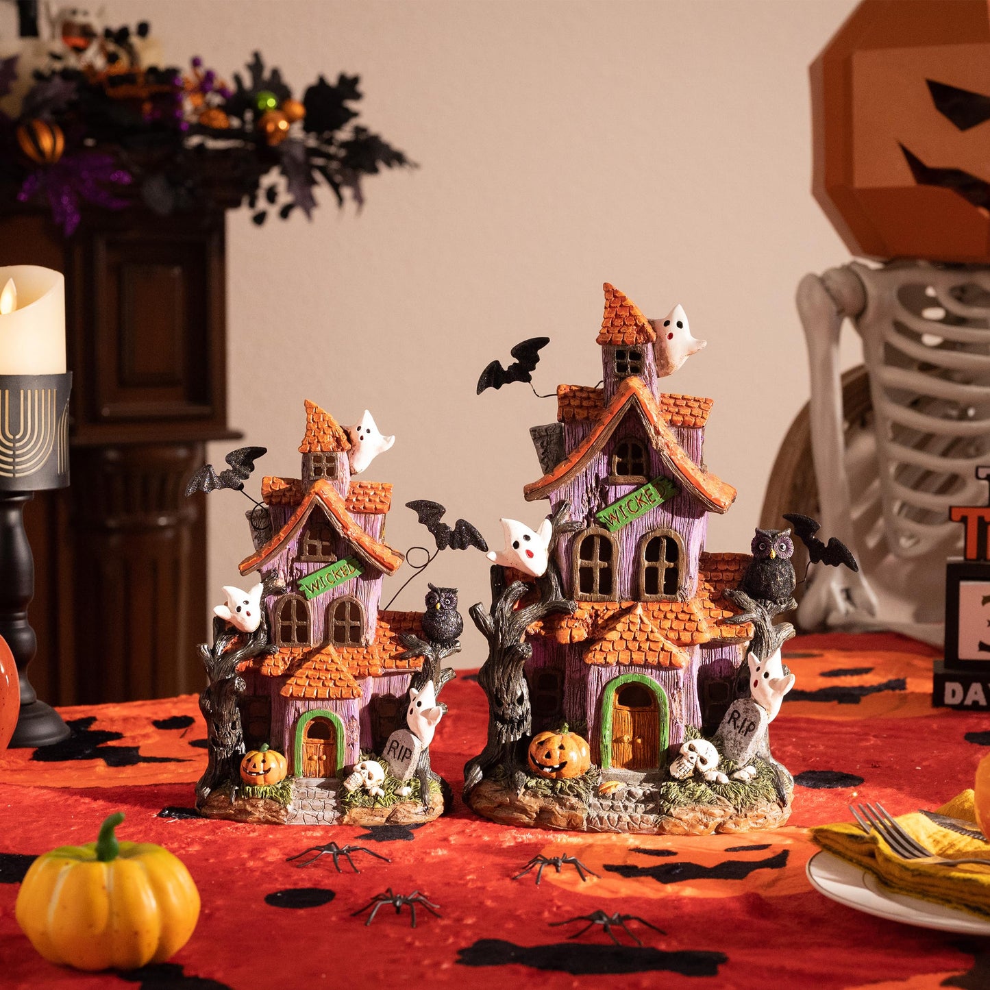 Valery Madelyn Halloween Decorations, Lighted Halloween Village Houses with LED Lights, Resin Spooky Town Happy Haunted House for Home and Party Table Desk Mantel, 9 Inch