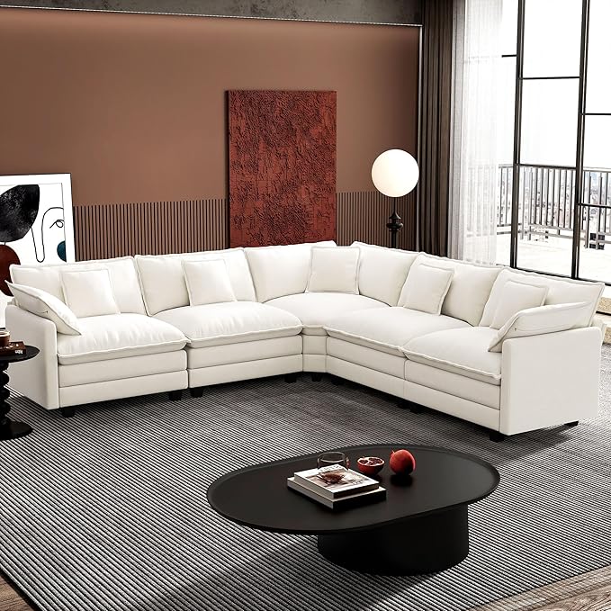 Ihanherry 114" V-Shaped Modern Sofa Modular Sectional Cloud Couch with Corner Section, 5-Seat Chenille Deep Seat Sofa with 5 Pillows for Living Room, Bedroom and Apartment, Beige