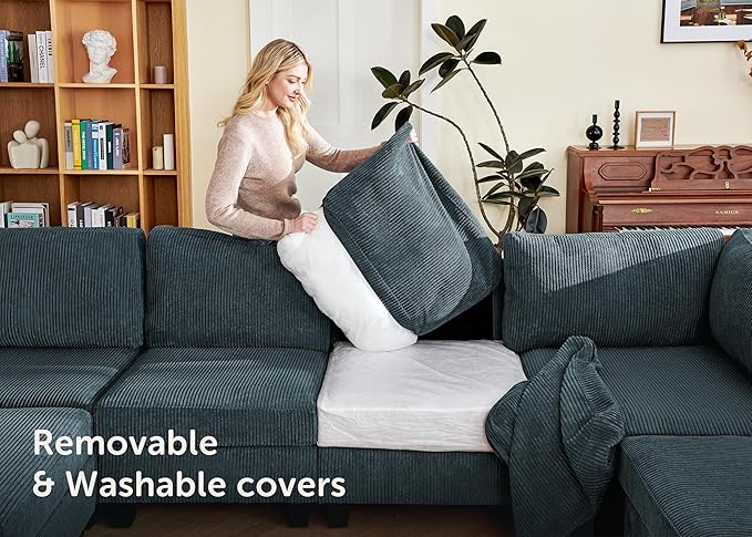 Nolany Modular Sectional Couch with Storage Ottoman, Corduroy Sleeper Sectional Sofa with Chaise, Sectional Couches for Living Room, Blue