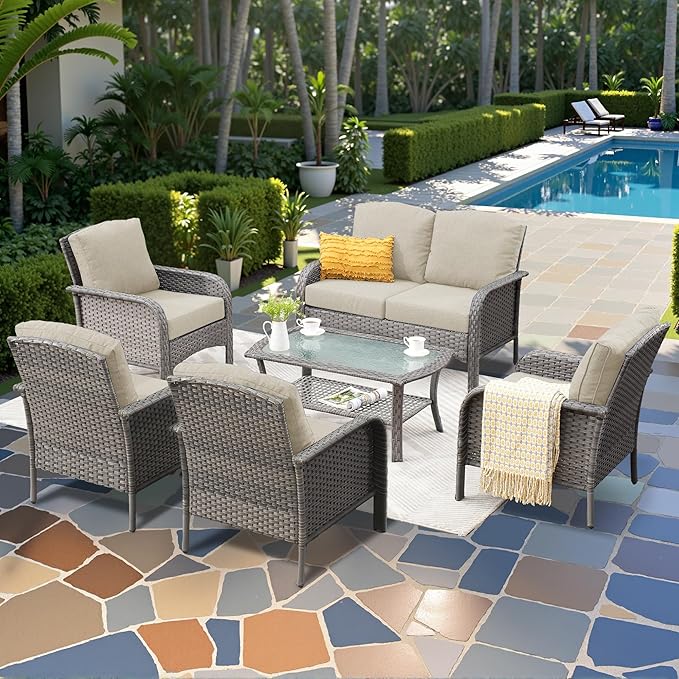 CAODOC 6-Piece Wicker Patio Furniture Set, All-Weather Rattan Conversation Bistro Loveseat Chair and Table Set for Backyard, Balcony and Deck with Soft Cushions and Metal Table(Beige)