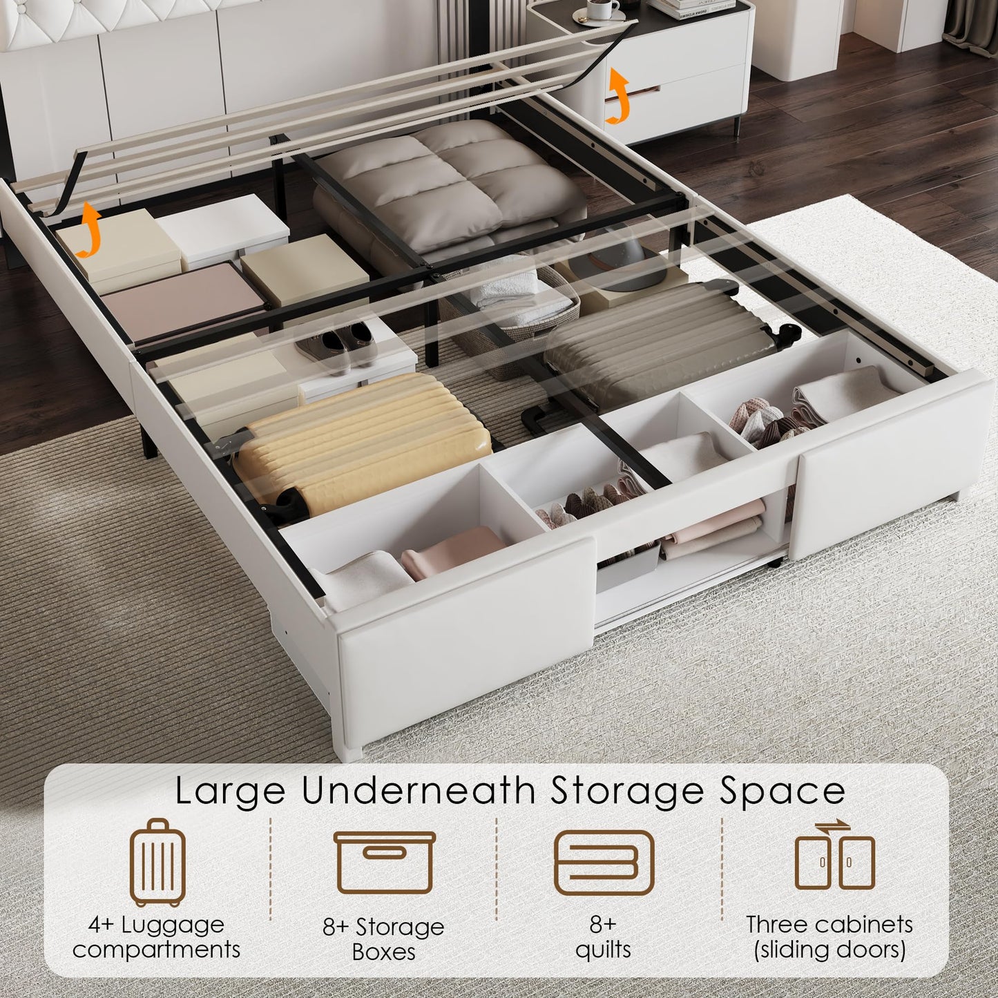 MARMONS Queen Size Bed Frame, LED Queen Bed Frame with Headboard and Storage Cabinets, Upholstered Velvet Bed Frame Queen with Charging Station, Wooden Slats Support, No Box Spring Needed, White