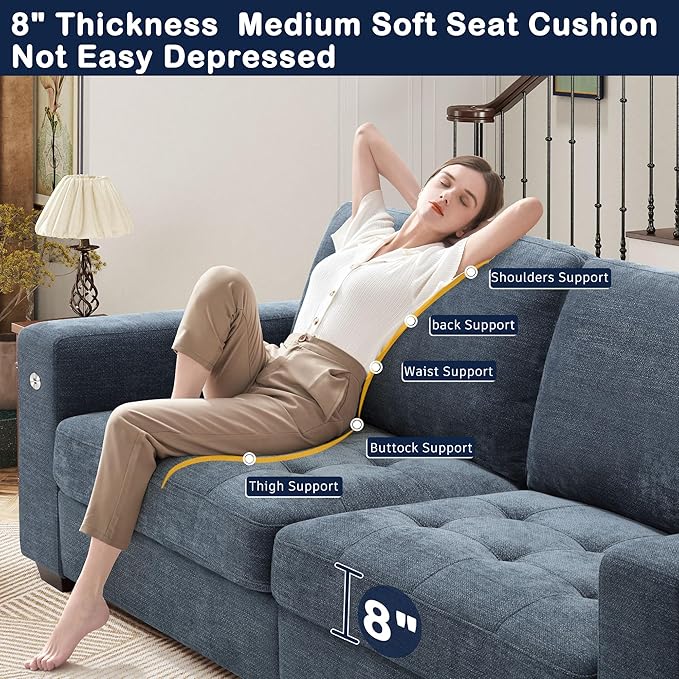 Hanherry 89" Sofa for Living Room, Modern Comfy Couch with Medium Firm Seat Cushion, Removable Cover,Wide Armrest,USB/Type-C Port,Chenille Fabric Couches for Small Space,Apartment