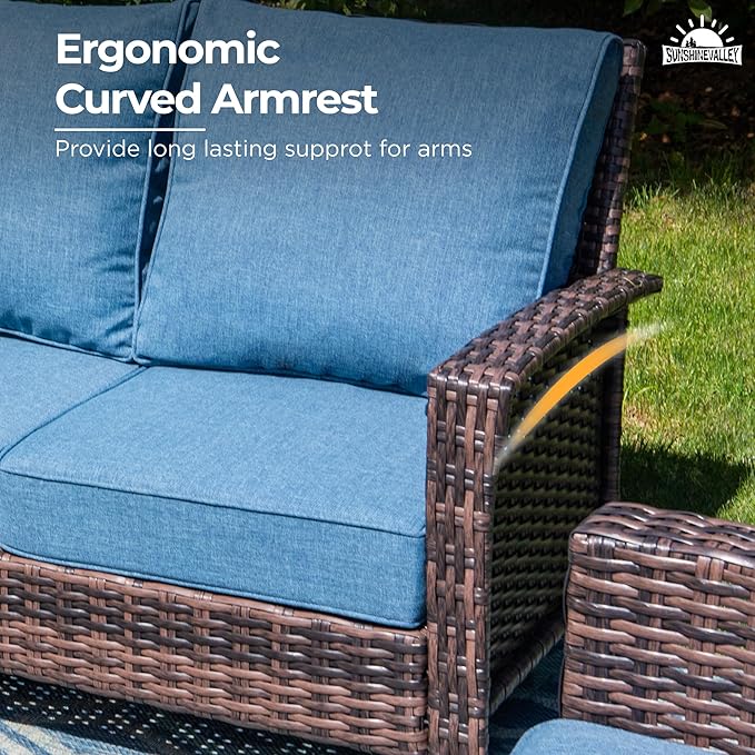 SUNSHINE VALLEY 6 Pieces Patio Furniture Set with Swivel Chairs, High Back Wicker Rattan Sofa with Extra Thick Cushion and Coffee Table, Outdoor Conversation Set for Garden Backyard Deck, Blue