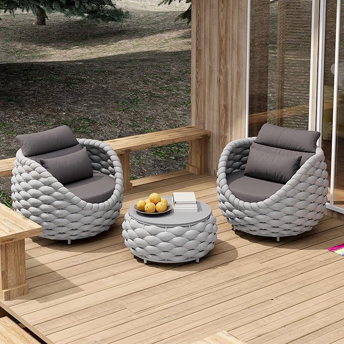 Erotr Front Porch Furniture Set 3 Piece: Aluminum Woven Rope Patio Conversation Sofa Set for 2 - Assembled Outdoor Deck Couch Armchair Set Cushions - for 400lb Balcony Pool Yard Bistro Hotel - Gray