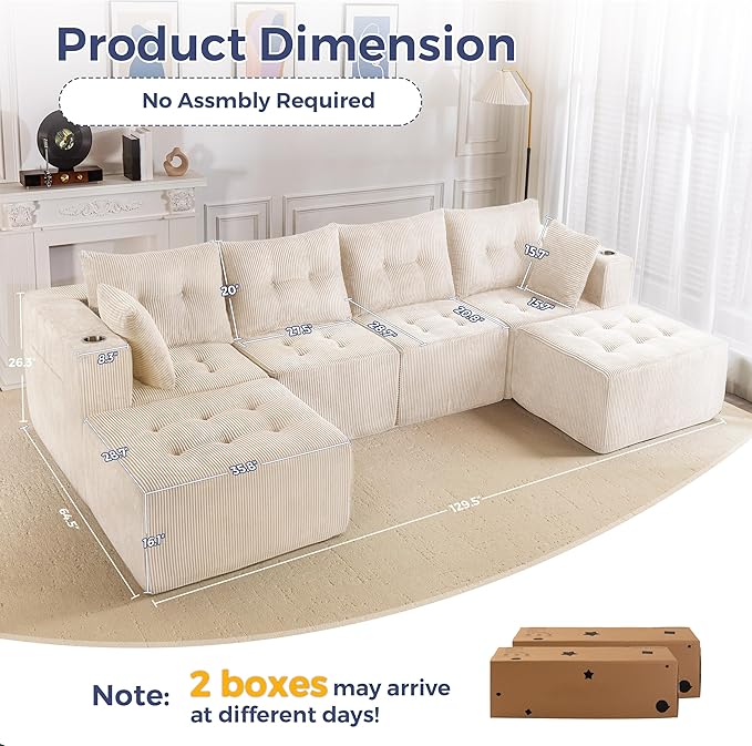 MAXYOYO 129.5" Modular Sectional Sofa Couch, U Shaped Modern Cloud Couch with 2 Ottomans, Sofa in A Box, Tufted 6-Seat Boneless Sleeper Chair for Living Room, No Assembly Required, Beige
