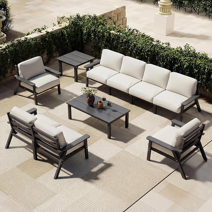 Patio Kingdom Patio Furniture Set 8 Seats, 4-Seater and 2-Seater Outdoor Sofas with Beige Washable Thick Cushions, Patio Conversation Sets for Lawn, Garden, Porch, Balcony, Deck (Grey Frame)