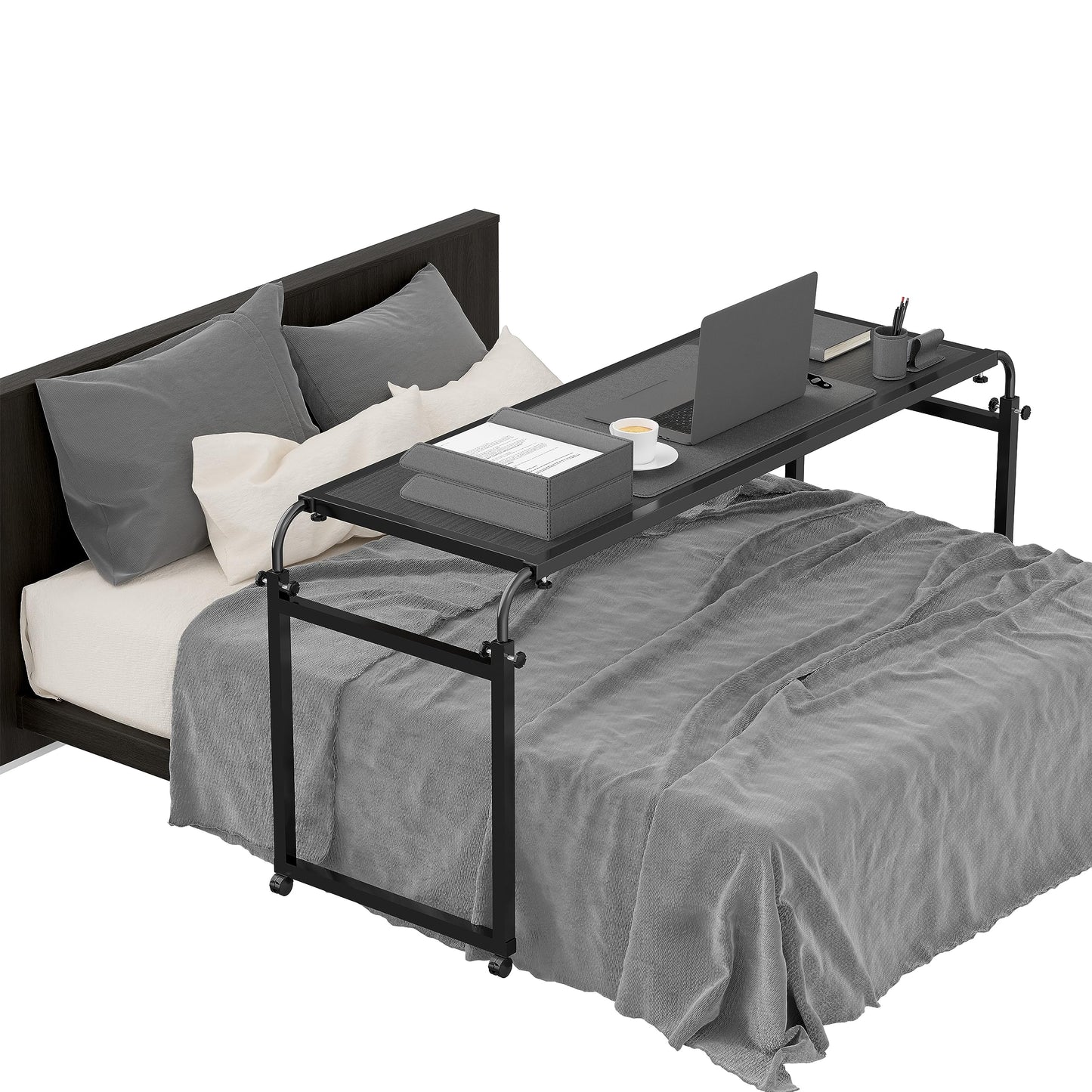 Elevon Overbed Table with Wheels Desk Over Bed King Queen Laptop Wheels, Black