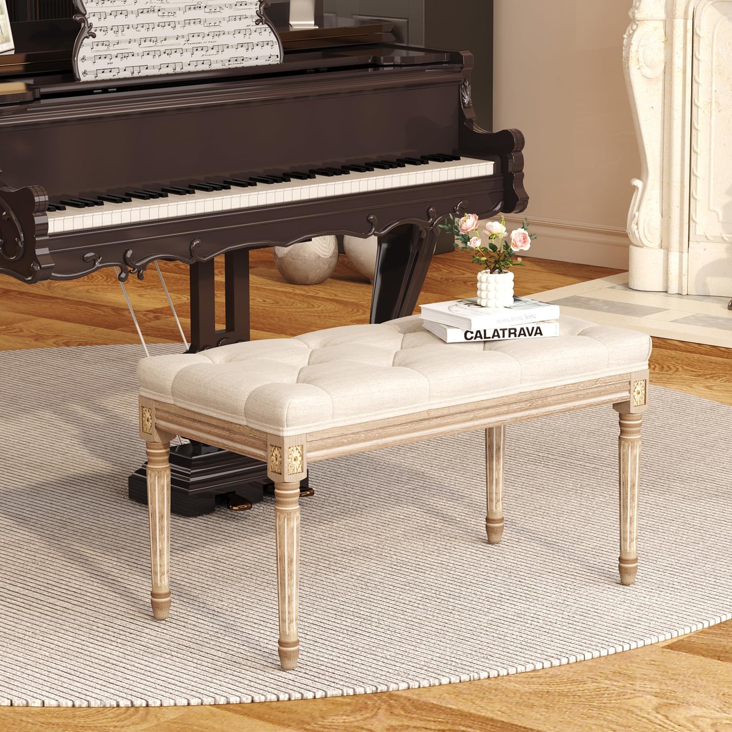 Yusong Upholstered Bench,Bedroom Bench for End of Bed,Piano Bench Dining Bench Entryway Shoe Bench with Button Tufted Padded Seat for Living Room, Vanity Bench Foot-Stool with Carved Wood Legs,Beige