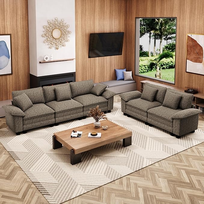 MIXPATIO L-Shaped Cloud Modular Sofa Set, Deep Seat 2-Piece 5-Seater Sectional Couch & Removable Arms, Plush Chenille for Living Room - Smoky Gray