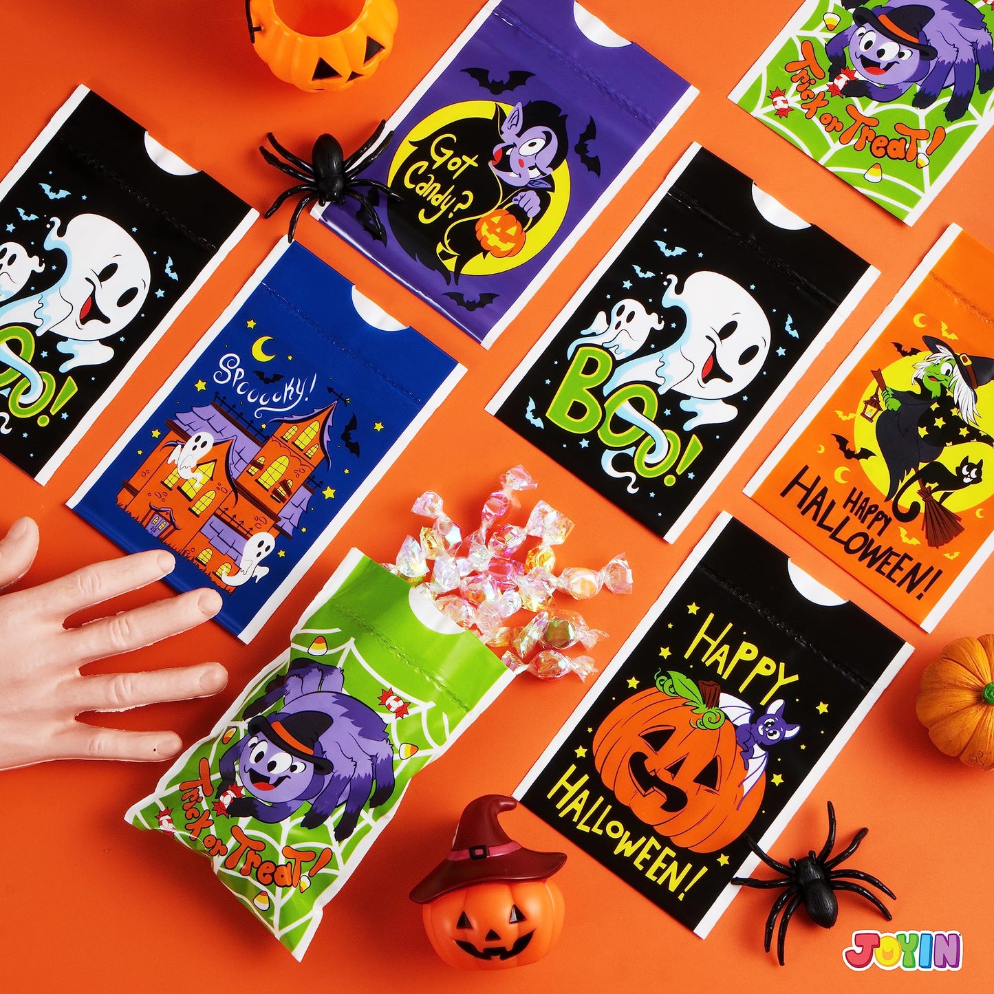 JOYIN 60 PCS Halloween Drawstring Treat Bags, Goodie Candy Trick or Treat Bags Bulk, 6 Design Goody Bag for Trick or Treating, Small Plastic Snack Gifts Bag for Kids Halloween Party Favors Supplies