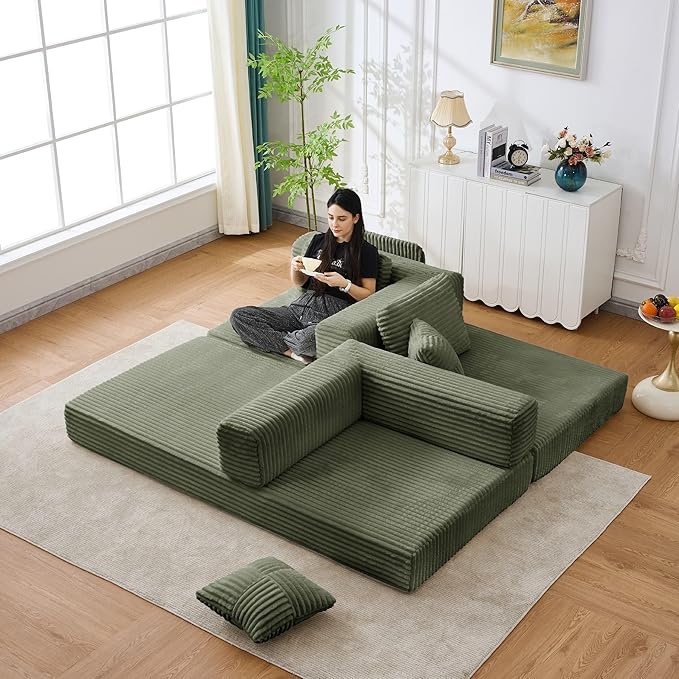 79.5" Folding Convertible Sofa Bed with Side Storage Pockets, 4-in-1 Corduroy Boneless Couch, No Assembly Loveseat Sleeper, Floor Sofa Daybed Futon Couch for Living Room Bedroom Lounge, Green Upgraded