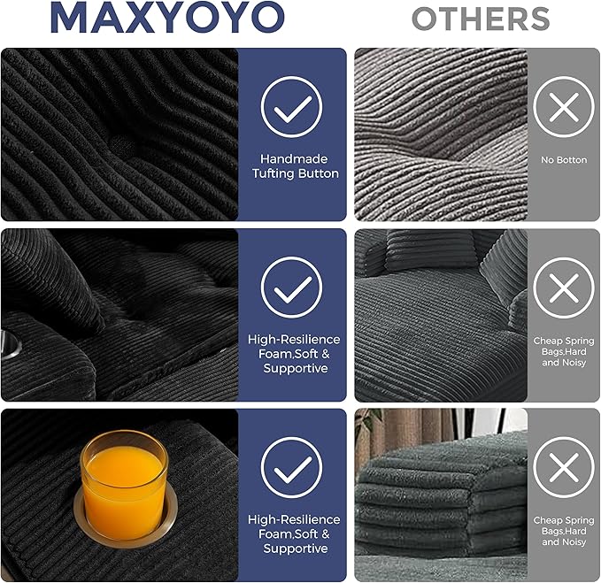 MAXYOYO Modular Sectional Chaise Lounge Sofa, Upholstered Lounge Chair with Pillows Indoor, Tufted Boneless Sofa Couch with Ottoman, Deep Seat Sleeper Chair for Living Room, No Assembly, Black