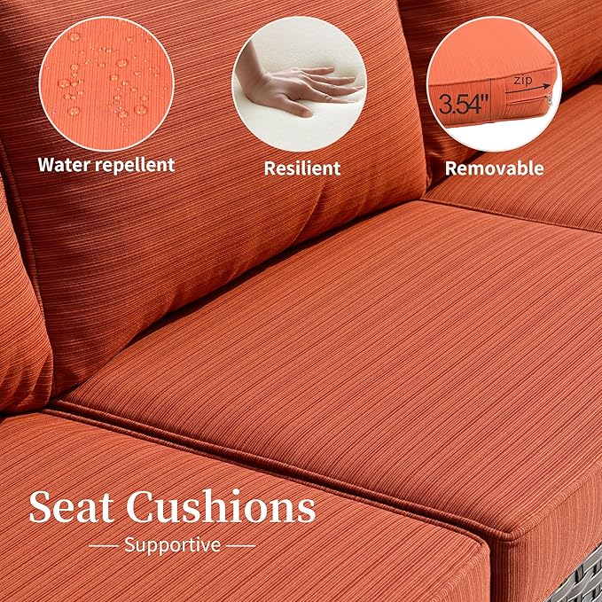 HOOOWOOO 8 Piece Patio Sectional Furniture Set with Fire Pit Table,Modern Wicker Outdoor Conversation Sofa Sets,Weather Resistant Modular L Shaped Outside Couch Set(Orange Red)