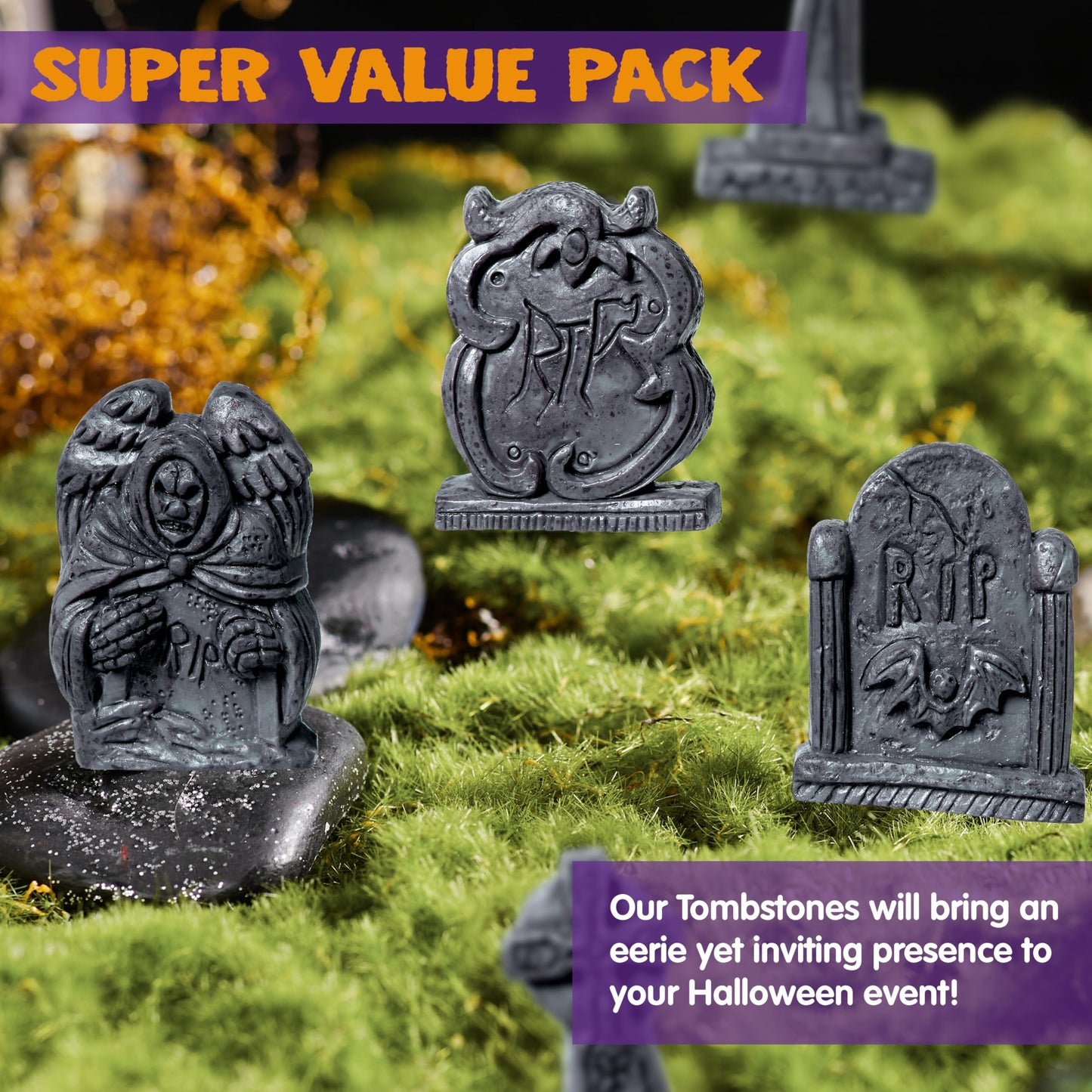 JOYIN 12 Pcs Halloween Miniature Tombstones Graveyard Decorations Outdoor, RIP Headstone with Skull Cross Design for Halloween Cemetery Yard Lawn Outdoor Indoor Decorations (Stone Gray)
