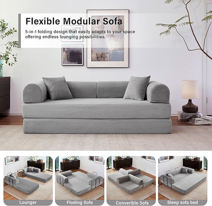 79" 5-in-1 Folding Convertible Sofa Bed, Oversized Corduroy Futon Floor Couch with Pull-Out Sleeper, Modular Boneless Loveseat for Small Spaces, Living Room, Bedroom (Light Grey)