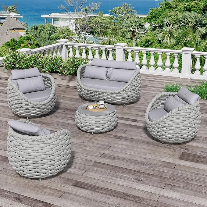Erotr Fully Assembled Patio Furniture Set: 5 Pieces Woven Rope Outdoor Conversation Set Cushioned - Modern Metal Deck Loveseat Chair Table Set - Porch Seating for Yard Garden Pool Hotel Resort, Grey