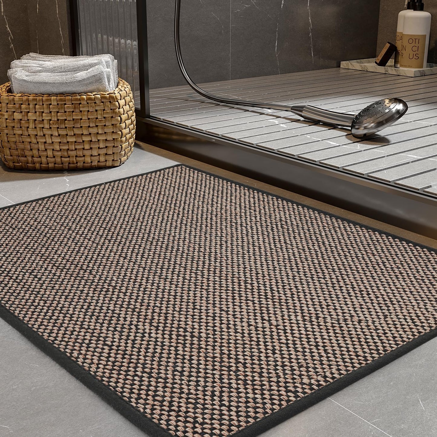 PADOOR Non-Slip Bath-Mats for Bathroom, Rubber-Backing Braided Absorbent Bathroom Mat Machine Washable Thin Bathroom Rugs Fit Under Door Quick Dry Bath Rugs for Floor, 17''x30'' Black