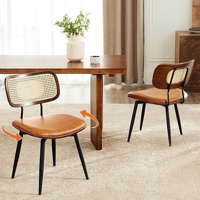 Quenvo Swivel Dining Chairs with Rattan Back, Modern Brown Leather Dining Chairs Set of 2, Swivel Dining Room Chairs Kitchen Side Chairs with Metal Legs and Upholstered Seat for Kitchen & Restaurant
