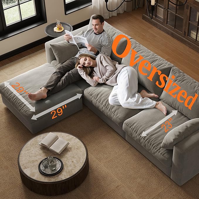 Cloud Modular Sectional Sofa Couch, 99" Oversized Sectional Couches for Living Room, Cloud Modular I-Shaped Sofa with Chaise, 3 Seater, Chenille, Light Gray