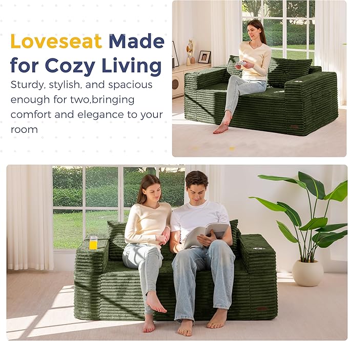 MAXYOYO 63" Boneless Loveseat Sofa Couch for Small Spaces, Mini Love Seat Floor Couch with Cup Holders and Pillows, 2-Seater Upholstered Cloud Couch for Bedroom Apartment, No Assembly Required