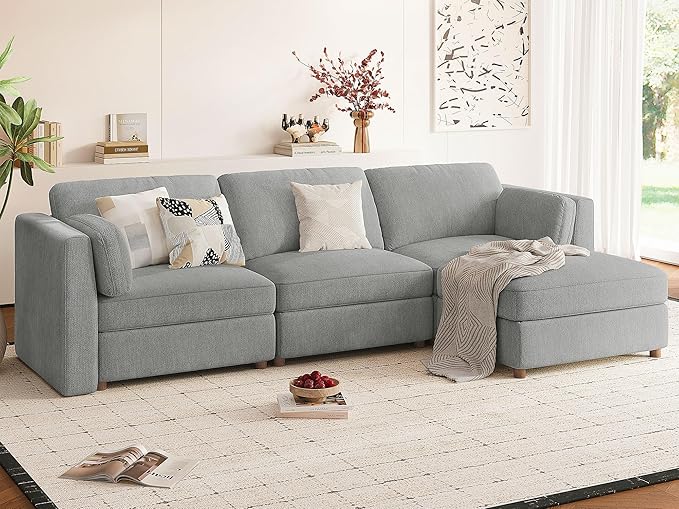 CUGOAO 118'' Modular Sectional Sofa, Oversized L-Shaped Sectional Couch with Ottoman, Deep Seat Chenille Cloud Couch, Mordern Upholstered Couches for Living Room, Apartment, Office, Grey