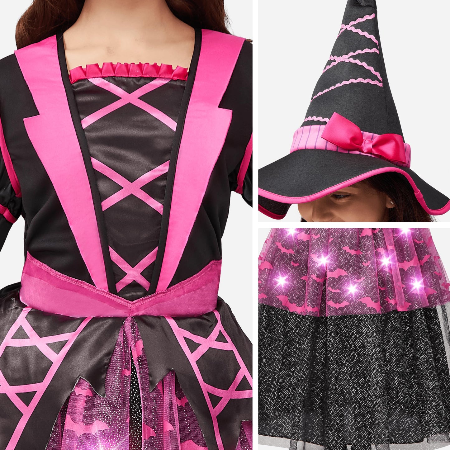 Spooktacular Creations Halloween Witch Costume Kids, Light Up Witch Dress with Hat and Broom for Girls, Toddlers Bat Outfit Set for Halloween Costumes Role Play Parties, Pink (3T(3-4 yrs))