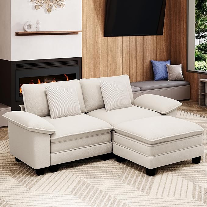 87-Inch L Shaped Sectional Sofa with Cloud Cushions, Deep Seat Modular Couch Set w/ 3 Seats & 1 Ottomans, Removable Arms, Plush Chenille Upholstery for Living Room, Apartment - Beige