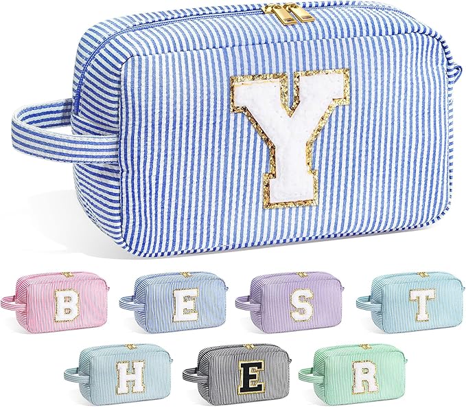 YOOLIFE Travel Cosmetic Bag for Women - Monogram Cute Initial Blue Makeup Bag Toiletry Pouch Make Up Case for Women Her Best Friend Friendship Sister Teacher, Personalized Birthday Gifts for Women Y
