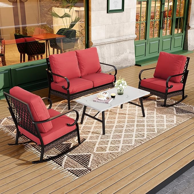 HERA'S HOUSE 4 Piece Metal Patio Furniture Set, 2 x Rocking Cushioned Chair, 2-Seat Lover Sofa with Coffee Table, All Weather Outdoor Conversation Set for Lawn Garden Backyard Deck, Red