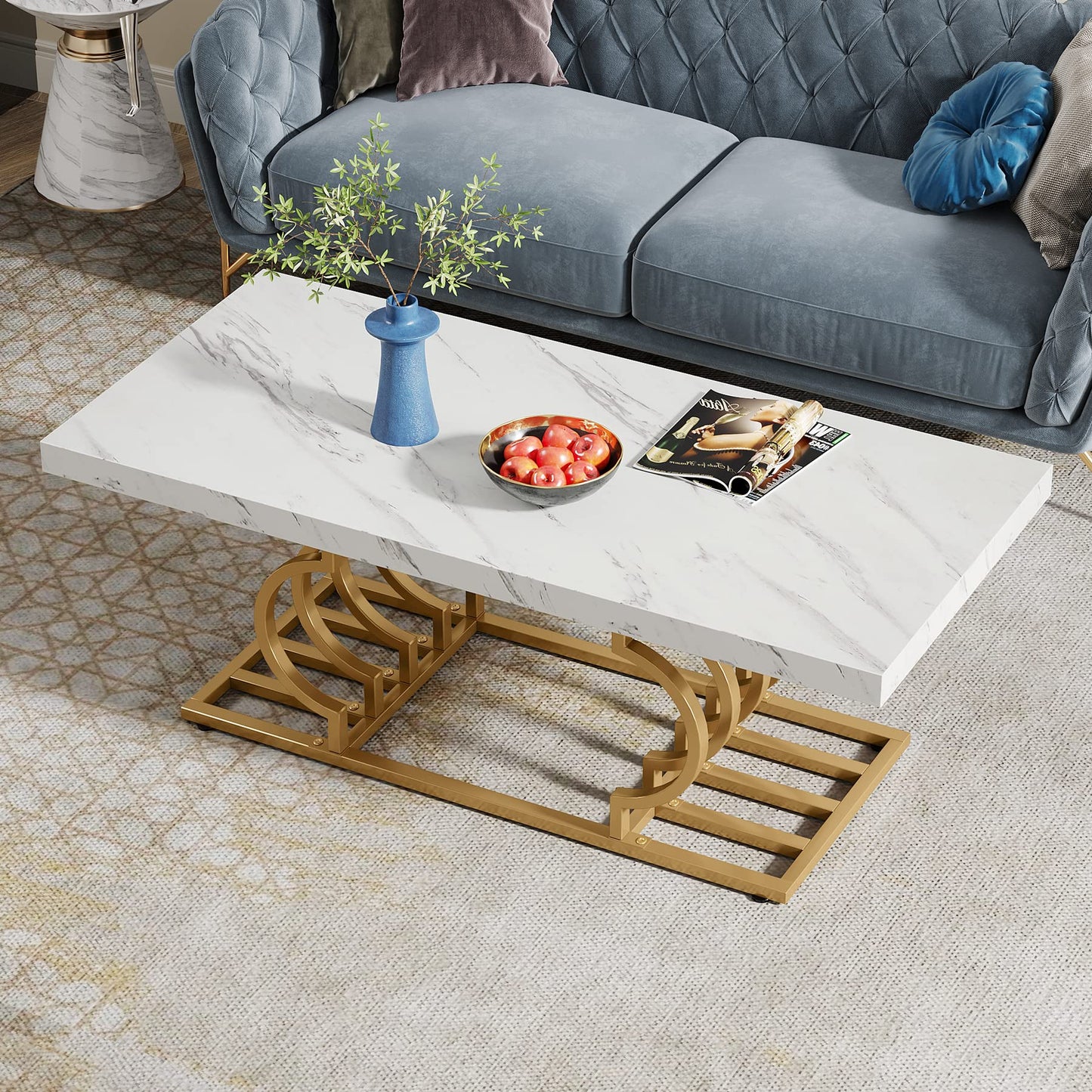 LITTLE TREE 47 Inch Modern Coffee Table, Faux Marble Cocktail Table Center Table Tea Table Accent Furniture for Living Room, White/Gold