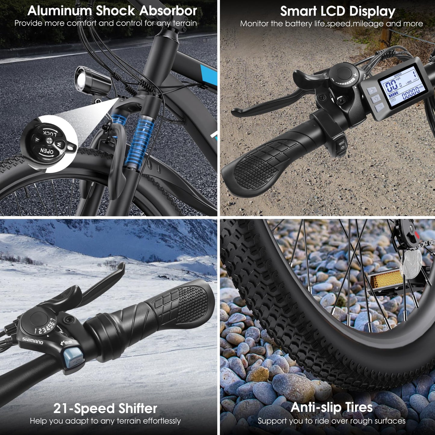Funhang Electric Bike for Adults, Peak 1000W Ebike, 50Miles 21.7MPH Adult Electric Bicycles, 26" Electric Mountain Bike 48V 374.4WH Battery, Commuter E Bike with Adjustable Stem, Fenders, 21 Speed