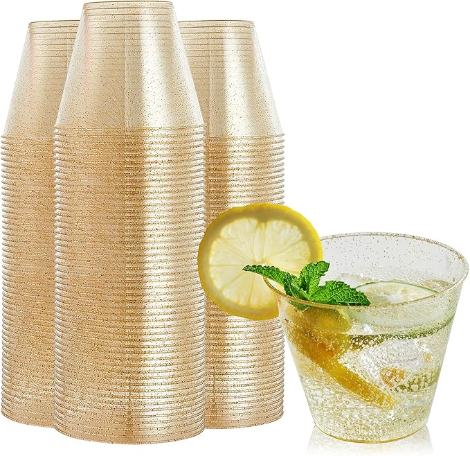 FOCUSLINE 9 oz Gold Plastic Cups, Disposable Clear Fancy Hard Plastic Cups, Gold Glitter, Heavy Duty, Reusable,100 Count