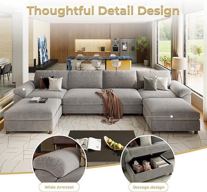 SITJOY 149" Oversized Sectional Couches for Living Room, Extra Large Deep Seat Modular Sofa with Washable Covers, 4 Seater U Shaped Couch with Chaise, Storage Ottoman, Chenille in Light Gray
