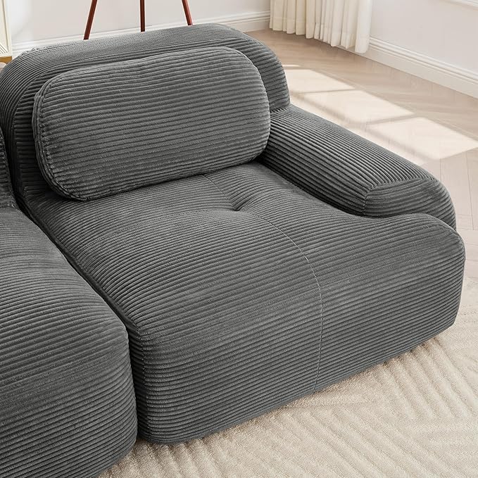 SoarFlash 81” Sectional Cloud Boneless Sofa Couches for Living Room-2 Seater L-Shaped Modern Lounge Couch-No Assembly Modular Corduroy Convertible Sponge Sleeper Sofas with Chaise for Home House,Grey