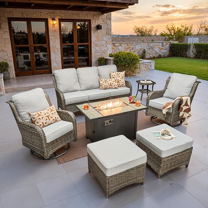 ovios 7 Pieces Patio Furniture Set, Outdoor Wicker Sofa Couch with Swivel Chairs 42" Fire Pit Table, High Back Modern All Weather Conversation Sets, Grey Rattan, Grey