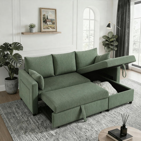 Trygoal Sectional Sleeper Sofa with Pull Out Bed, LShape Convertible Sofa Bed Couch with Storage Chaise, 3 in 1 Pull Out Sofa Bed with 3 Seats, for Living Room,Apartment, Green, 85Inch