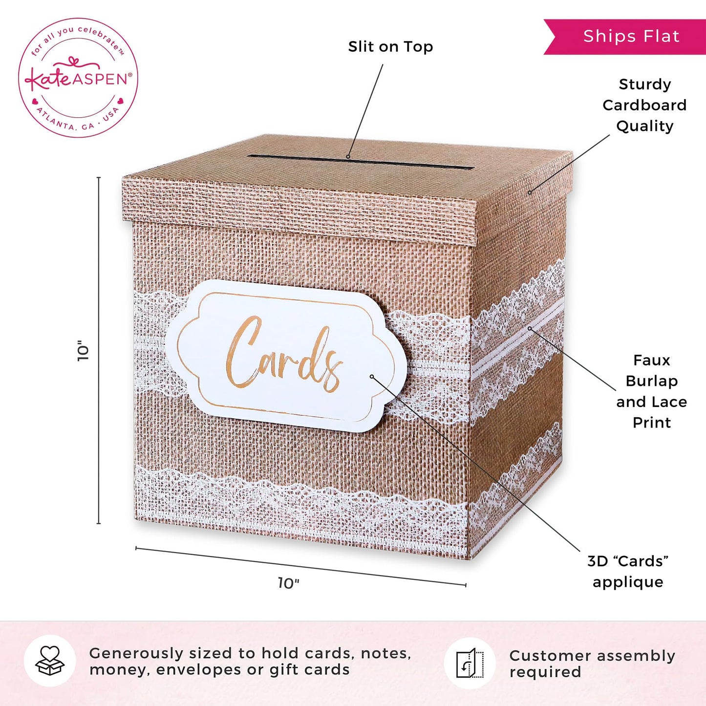 Kate Aspen Rustic Burlap & Lace Gift / Wedding Card Box, Money Box, Farmhouse Wedding Decorations For Reception - Also Perfect for Boho Baby Showers, Birthdays, Graduation